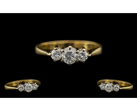 18ct Gold and Platinum - Attractive 3 Stone Diamond Set Dress Ring. Full Hallmark for 18ct - 750 to Interior of Shank. Cal Di