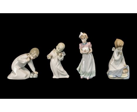 Four Lladro Figures to include a girl with slippers, cherub playing a violin, girl with birthday cake and a cherub overlookin