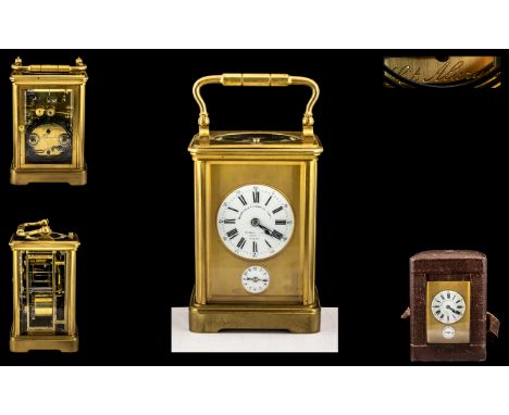 Goldsmiths and Silversmiths Signed Fine Quality Gilt Cased Carriage Clock. c.1870 - 1890, with Repeater and Alarm Facility. F