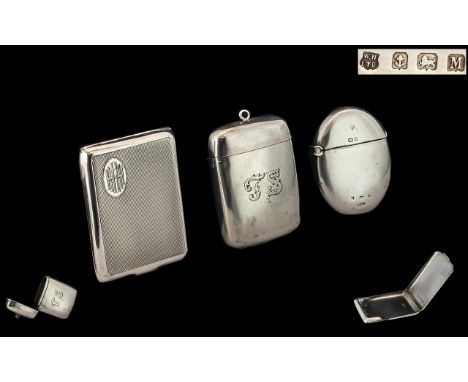 A Good Collection of Sterling Silver Vesta Cases and Match Holder. All Fully Hallmarked for Silver. Comprises 1/ Art Deco Per