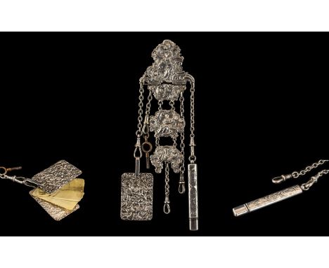 Edwardian Period Superb Quality Sterling Silver Ornate 5 Chain Chatelaine with Accessories, Attached Items, Pencil Case and M