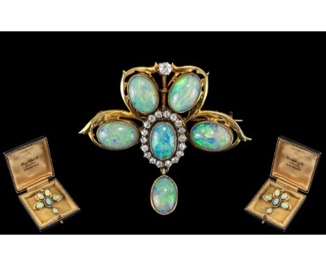 A Superb Quality Antique Period 18ct Gold Opal and Diamond Set Pendant - Drop Brooch of Lovely Design. The Five Natural Opals