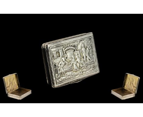 European 18th Century Excellent and Quality Grade Silver Snuff Box with gilt interior.  The top cover decorated with embossed