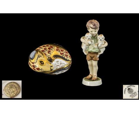 Royal Worcester Hand Painted Figure ' Three's Company ' Modelled by F.G.Doughty. Date 1982. 5 Inches - 12.5 cm. 1st Quality a