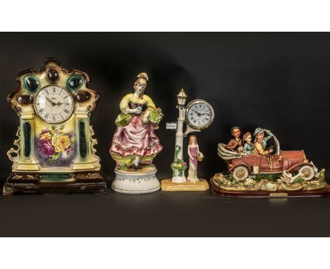 Collection of Decorative Ceramic Items comprising a Michelangelo vintage car on a wooden base, depicting a family and dog on 