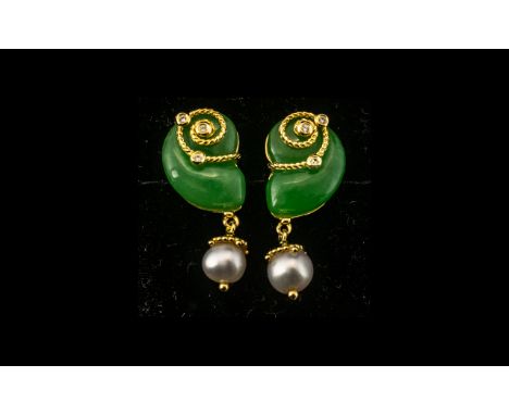 Carved Green Jade Nautilus and Fresh Water Pearl Drop Earrings, each earring comprising a 10ct green jade, carved in the shap