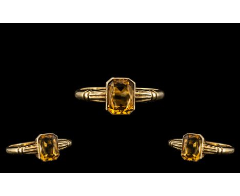 An Attractive Art Deco Period 9ct Gold Single Stone Citrine Set Cocktail Ring - From the 1930's. Superb Colour, Est Weight 1.