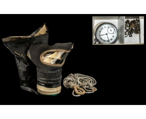 WW II Interest - Child's Gas Mask in case; Army Services pocket watch; and part of German parachute cord.  Interesting items,