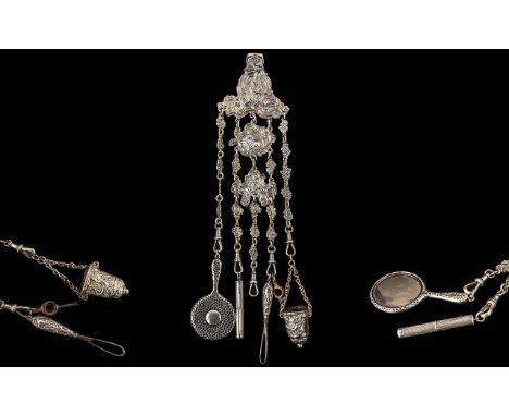 Victorian Period Superb Quality Repousse Work Sterling Silver Ornate 5 ( Five ) Chains Chatelaine and Attachments. Hallmark L