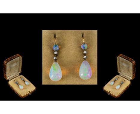 Antique Period 18ct Gold - Top Quality Pair of Diamond and Tear Drop Opal Set Drop Earrings. The Large Tear Drop Natural Opal