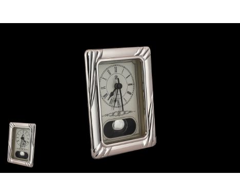 A Contemporary Sterling Silver Quartz Desk Clock, Marked 925 Silver to Frame of Small Proportions. Stylish Small Clock at Low