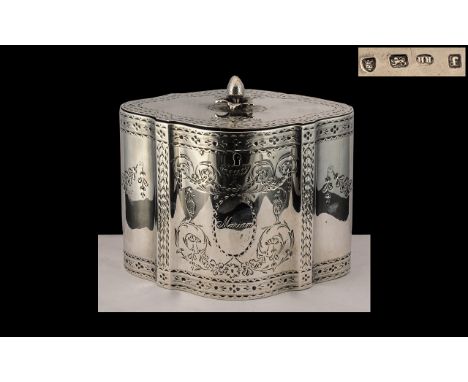 George III Superb Quality - Sterling Silver Serpentine Shaped Tea-Caddy of Wonderful Design and Form. With Bright Cut Engravi