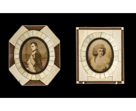 Pair of Portrait Painted Miniatures in Bonite Frames of Napoleon and Josephine, both indistinctly signed.  6" x 5".  Circa 19