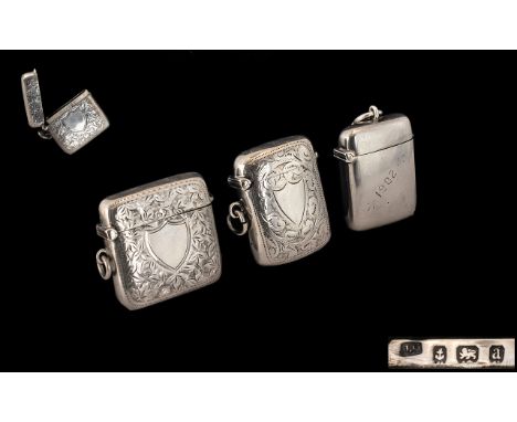 Fyne Quality Trio of Silver Vesta Cases. All Fully hallmarked and In Superb Condition In All Aspects. Comprises 1/ Edwardian 