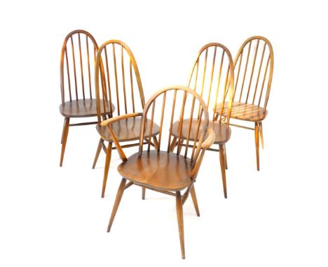 A set of five (four plus one) Ercol hoop back dining chairs, each with spindle backs, plain seats and turned legs joined by H