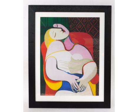 After Pablo Picasso (Spanish, 1881-1973). Portrait of a woman sitting in a chair, print, 70.50cm high, 53cm wide.
