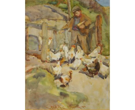 Henry Silkstone Hopwood RWS (British, 1860-1914). Sketch, boy with chickens, watercolour, signed, dated 1902, Exhibited The R