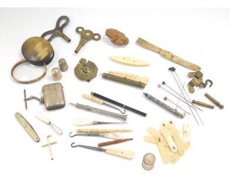 Victorian and later sewing implements, a bone apple peeler and corer, propelling pencils, vesta case, thimbles, penknives, et