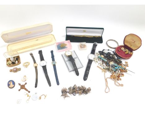 Silver and costume jewellery, to include a charm bracelet, Timex, Longines and other dress wristwatches, rosaries, cuff links