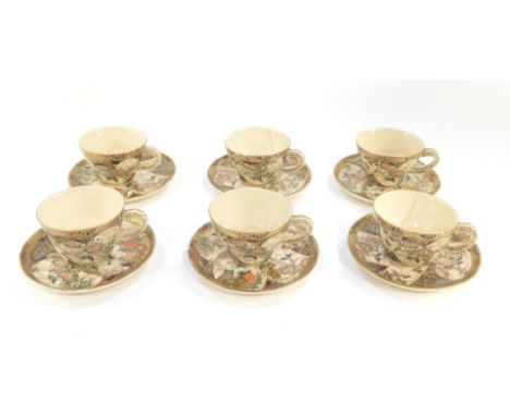 A 19thC Japanese Satsuma tea service, comprising six cups and saucers, each profusely decorated with flowers and birds, predo