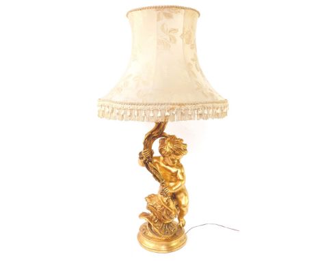 A 20thC plaster finish rococo table lamp, formed as a figure of a child, entwined stem, on a circular foot with modern electr