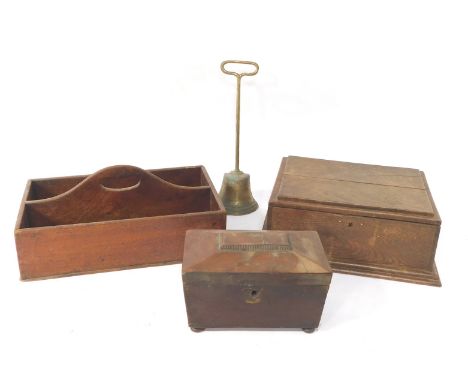 A 19thC two sectional cutlery box, of rectangular form with central moulded and pierced handle, a 19thC sarcophagus shaped te