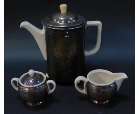 A WMF and Hutschenreuther porcelain and silver plated three piece coffee set, mid century, in the Bauhaus style, comprising a