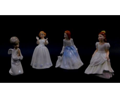 Three Royal Doulton figures, comprising Kerry HN3036., Andrea HN3058., and Catherine HN3044, together with a Nao porcelain fi