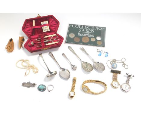 Various coins, silver plated ware and collectable items, darning set in velvet case to include scissors, button hook, etc., c