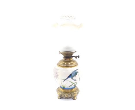 A Palmer &amp; Company Duplex late 19thC pottery and brass oil lamp, painted with ducks and flowers, with frilled chimney and