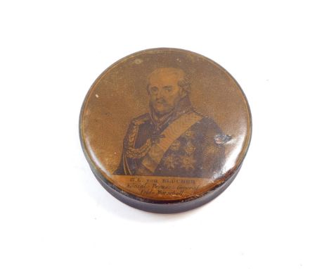 A 19thC papier mache and ebonised patch box, of circular form, the removable lid transfer printed with GL VON BLUCHER, Field 