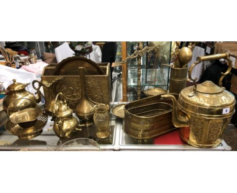BRASS OVAL TROUGH PLANTERS, PAN SCALES, MAGAZINE RACK, FIRE TOOLS AND OTHER BRASSWARE