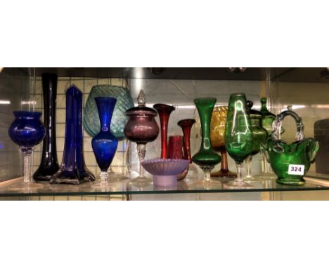 SHELF OF BRISTOL BLUE, GREEN AND RUBY SPILL VASES, BRANDY TYPE BOWLS, BASKETS