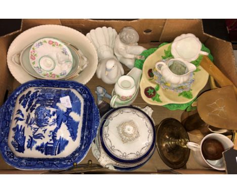 BLUE AND WHITE TRANSFER PRINTED TUREEN AND COVER, SHELLEY CREAM JUG AND ONE OTHER, ROYAL WORCESTER VASE AND NAO FIGURE, BRASS