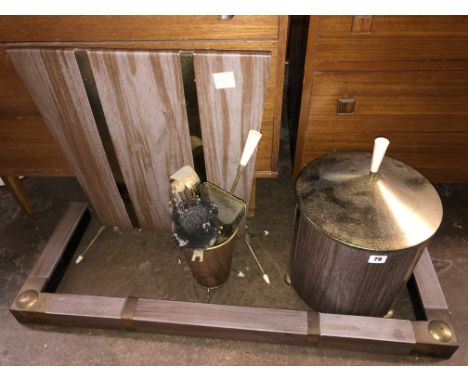 VINTAGE CYLINDRICAL COAL BUCKET, COMPANION SET, FIRE SCREEN AND FIRE FENDER