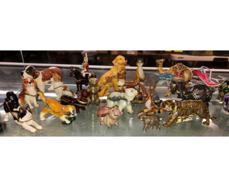 SHELF OF ENAMEL AND JEWELLED DOG AND WILD ANIMAL FIGURE TRINKET BOXES