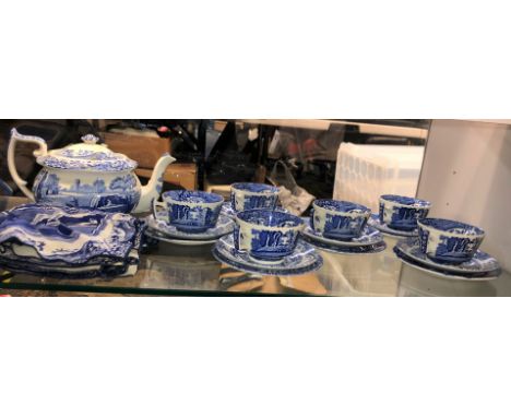 SPODE BLUE AND WHITE TRANSFER PRINTED SIX PLACE TEA SET WITH TEA POT