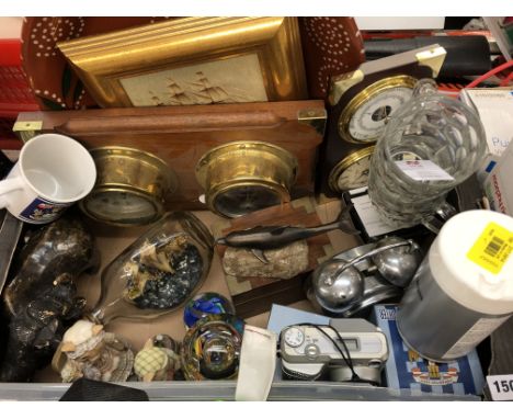 BOX CONTAINING SLIPWARE TRAY, SHIPS CLOCK BAROMETER, SHIP IN A BOTTLE, PAPER WEIGHTS, ETC 
