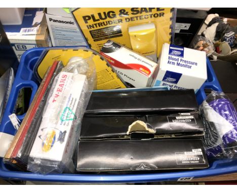 CARTON CONTAINING TWO BLOOD PRESSURE MONITORS, PERSONAL CD PLAYER, LIGHT SHADES, PLUG INTRUDER DETECTOR 