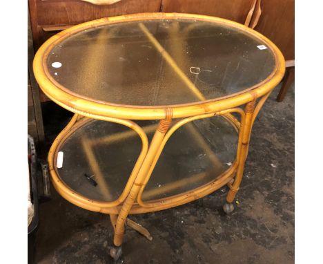 VINTAGE 1960S BAMBOO FROSTED GLASS TROLLEY TABLE 