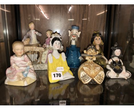 SHELF OF BISQUE AND CONTINENTAL NODDING HEAD DOLLS AND ORIENTAL FIGURES 