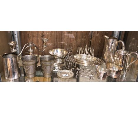 SHELF OF EPNS AND HOTEL PLATED WARE INCLUDING CUTLERY STRETCHERS  