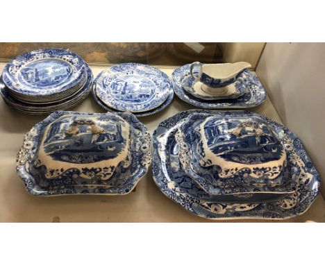 SPODE BLUE AND WHITE TRANSFER PRINTED DINNER SERVICE INCLUDING LARGE PLATTER, PAIR OF TUREENS AND SAUCE BOAT