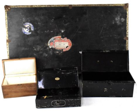 A metal bound travelling trunk with remnants of Cunard shipping labels, 31 x 90 x 51cm (af), a further leather-bound canvas t