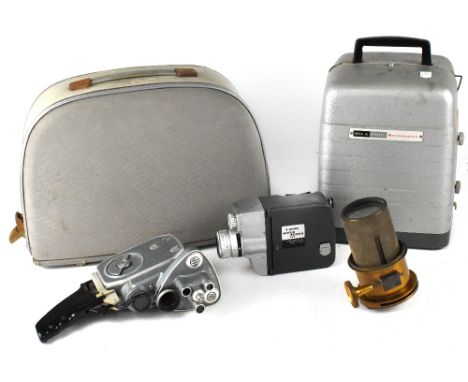 A Canon cine camera in case, a Bauer 88D cine camera, an Agfa Movector F8 projector in case, a Bell &amp; Howell Moviemaster 