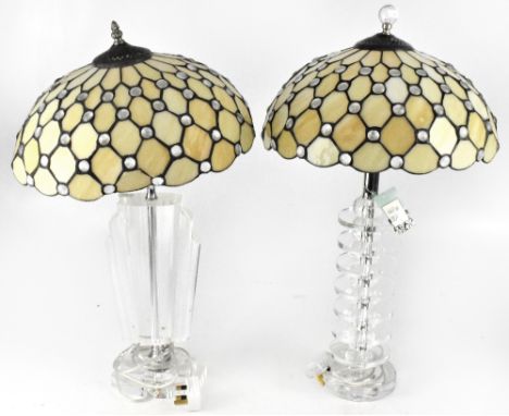 Two contemporary glass table lamps, both of Art Deco form, one stepped example on a rectangular stepped base, one graduating 