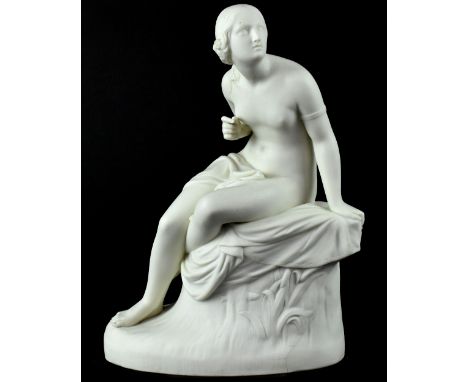 AFTER WILLIAM CALDER MARSHALL (1813-1894); a Copeland Parian ware figure of the nymph Sabrina seated on a rock in a stream am