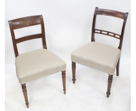A harlequin set of ten chairs comprising four bar back dining chairs with overstuffed seats and turned front supports, a simi
