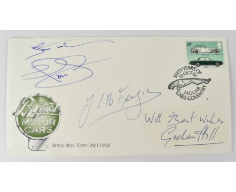 MOTOR RACING; a multi-signed first day cover with autographs from Juan Manuel Fangio, Nigel Mansell and Graham Hill (clipped)