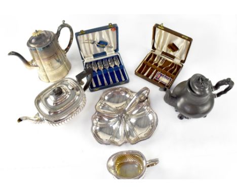 A quantity of silver-plated ware comprising three-piece tea set, purse, hip flask, pewter teapot, pierced baskets, picture fr